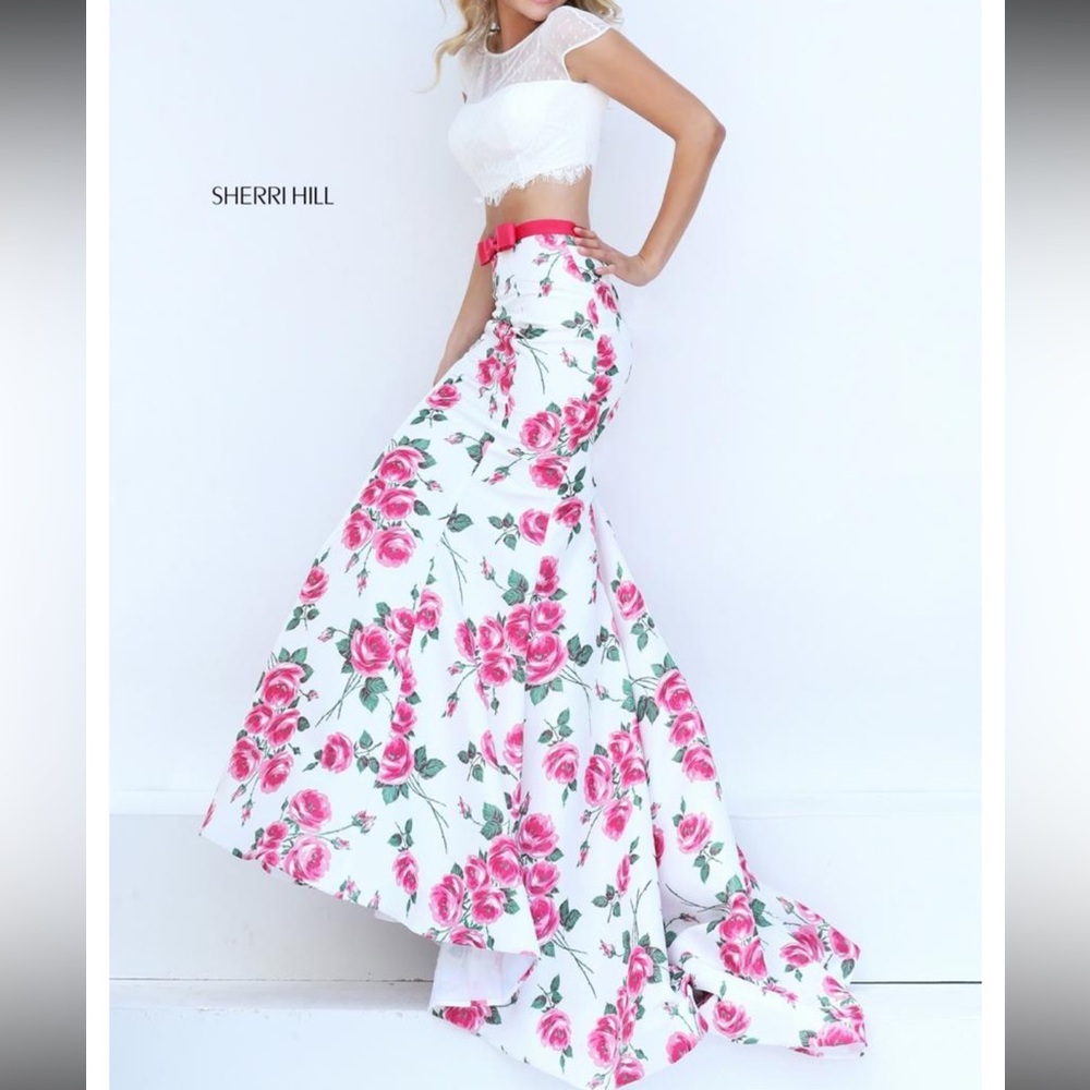 Sherri Hill Floral Two-Piece Prom Dress - Black, White, Pink